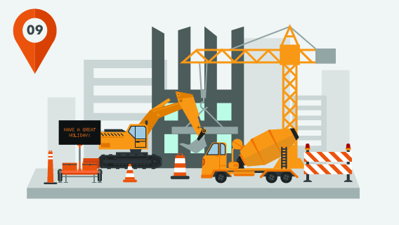 A graphic of an active work zone with equipment, barricades, and signs.