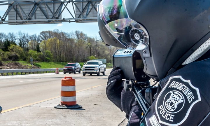 A Farmington Hills motorcycle police officer doing speed enforcement on southbound I-275 in Metro Detroit.