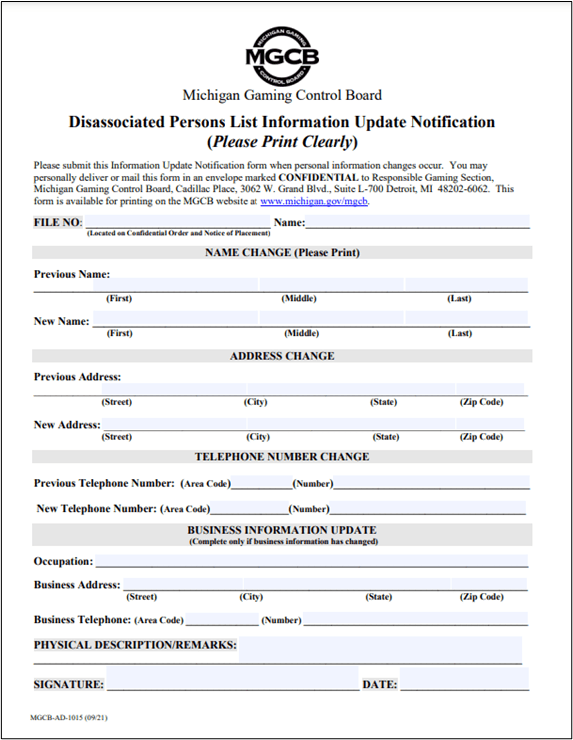Disassociated Persons List Update Form cover image