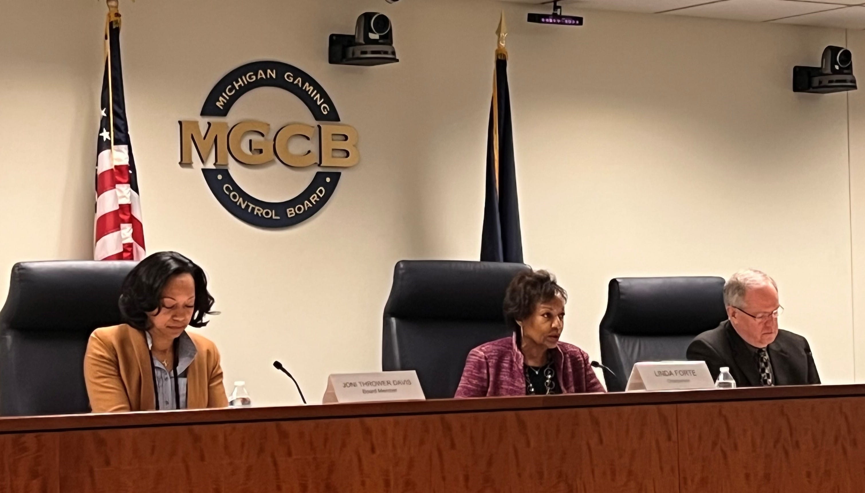 Pictured from left to right are MGCB Board Members Joni M. Thrower Davis, Linda Forte (Chair), and Andrew T. Palms at the MGCB Board Meeting on Tuesday, Jan. 9, 2024.
