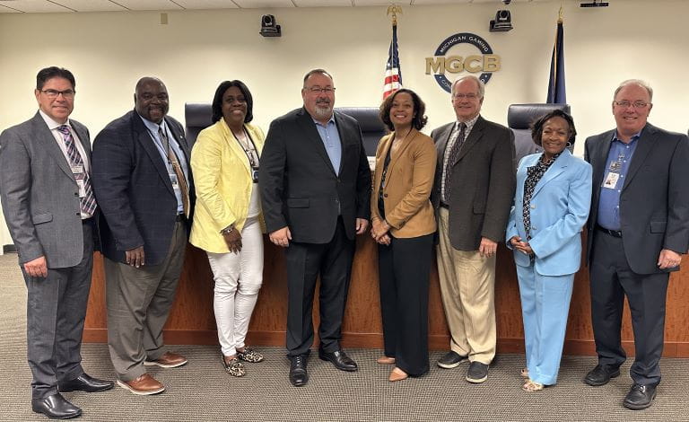 Detroit casino personnel with MGCB Board Members at the August 13 MGCB public Board Meeting