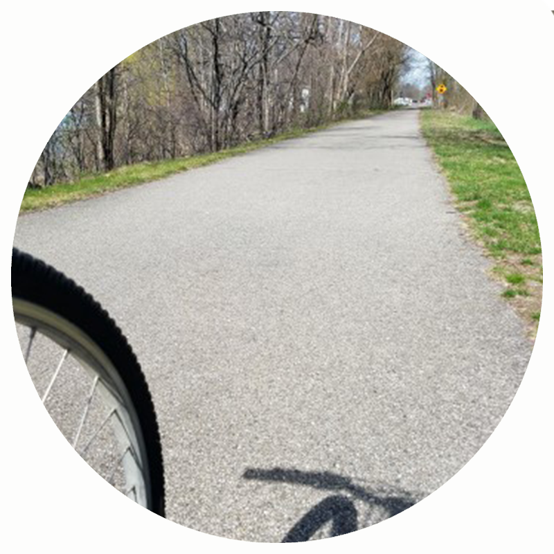 Lakelands trail state park with bicycle wheel and shadow of handlebars in foreground