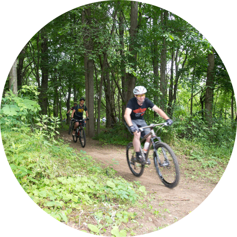 Two men ride mountain bikes along a wooded dirt path. 