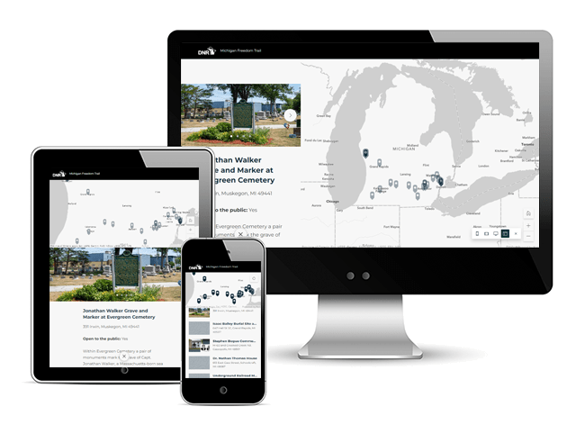 A view of the Freedom Trail story map in desktop, tablet and mobile view