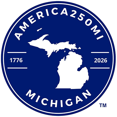 A blue circle logo that says "America 250 MI" at the top and Michigan at the bottom. In the middle, there is an outline of Michigan. One side has 1776 and the other has 2026.