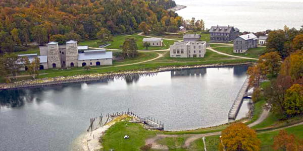 Aerial view of the furnace and historic buildings in the autumn.