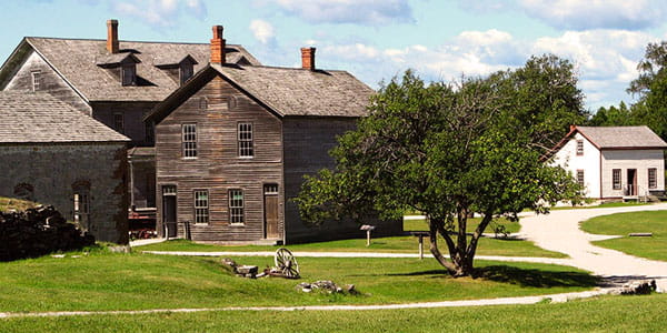 A weathered brown wooden building sites next to a large tree and grassy area.