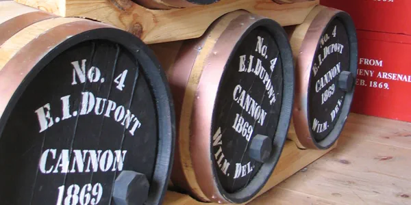 Three barrels labeled "No. 4 E.I. Dupont. Cannon 1869"