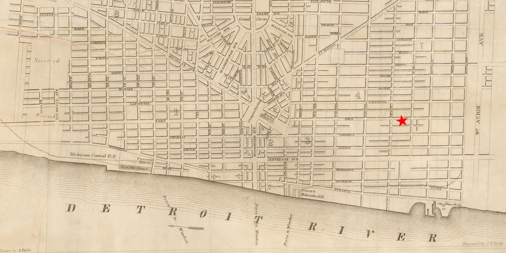 A historic street map shows the home's original location on the near lower east side of Detroit.
