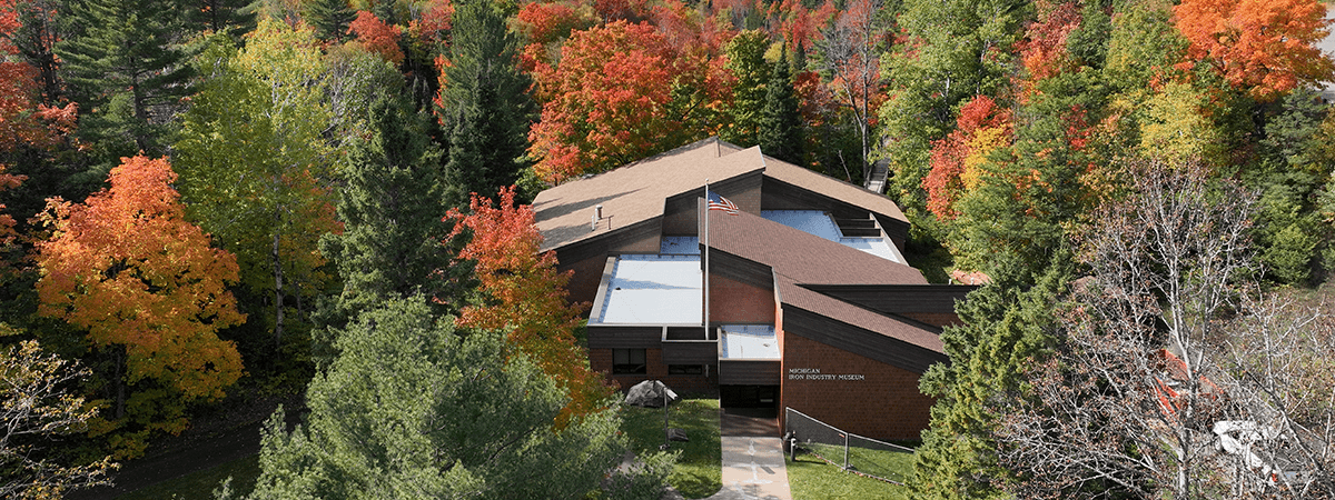 Aerial shot of the museum in the fall.