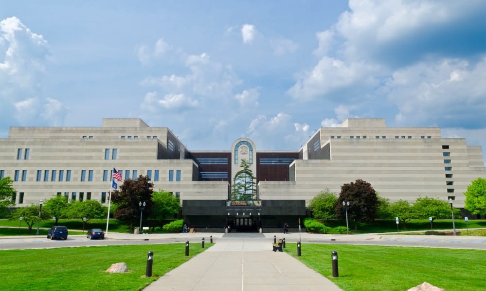 Exterior of 5-story limestone building with a white pine in the middle
