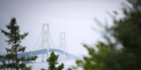 Mackinac Bridge on a cloudy summer day.