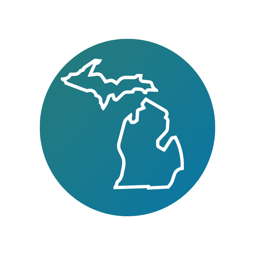 A circular teal icon featuring a white outline of the state of Michigan, including both the Upper and Lower Peninsulas.