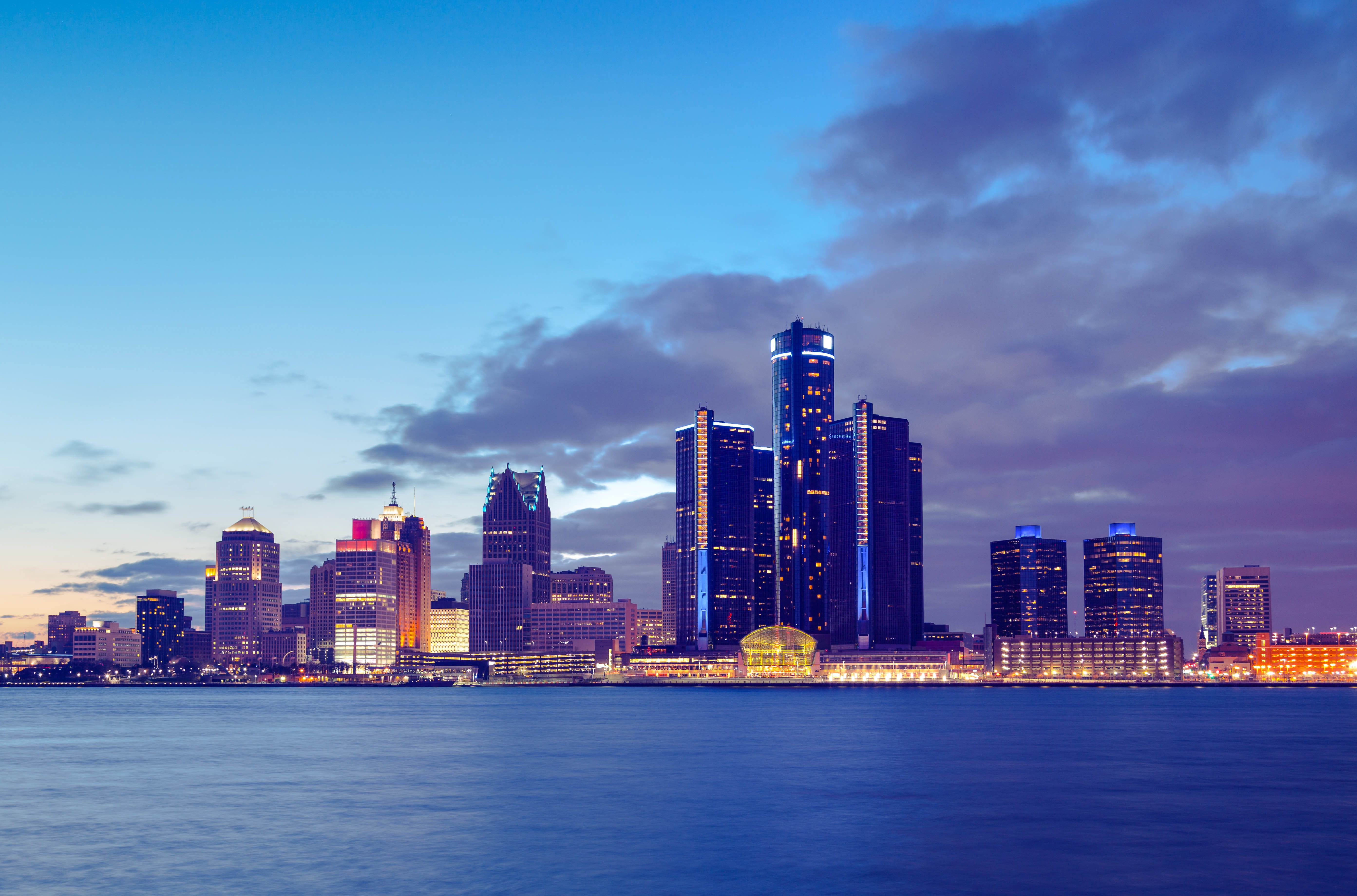 Skyline of Detroit Michigan at sunset.