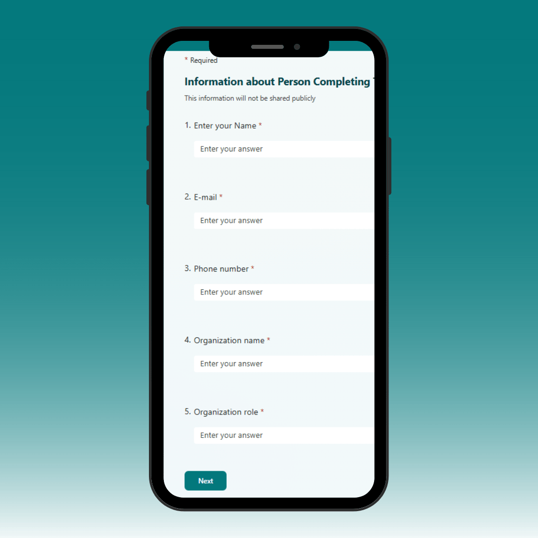 The victim services survey displayed on mobile screen against a teal background
