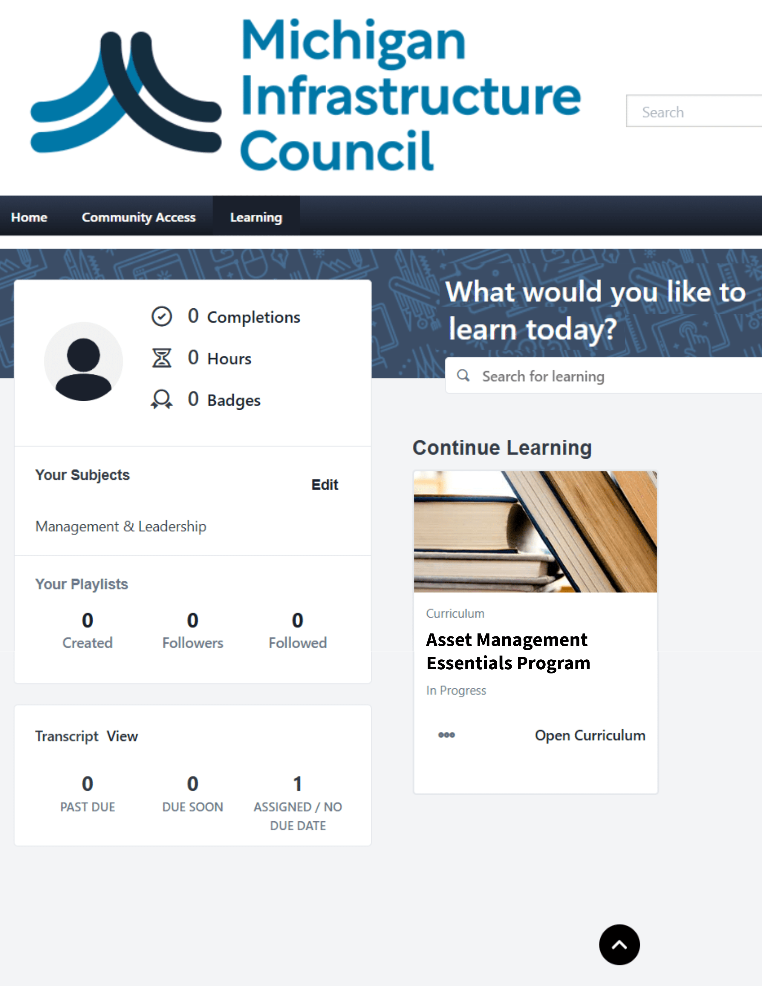 Screenshot of learning homepage that states Michigan Infrastructure Council in the right top-hand corner and shows the courses learners have signed up for