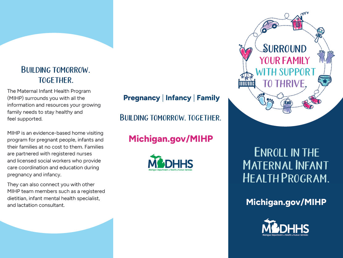 Tri-fold brochure for the Michigan Maternal Infant Health Program (MIHP). Front panel reads “Surround yourself with support to thrive” and “Enroll in the Maternal Infant Health Program” with Michigan.gov/MIHP and MDHHS logo. Inside panels describe MIHP as a free support program for pregnant people, infants, and families, offering care coordination, education, and services such as nursing, social work, nutrition, infant mental health, and lactation support. Header reads “Building tomorrow, together,” with sections labeled Pregnancy, Infancy, and Family.