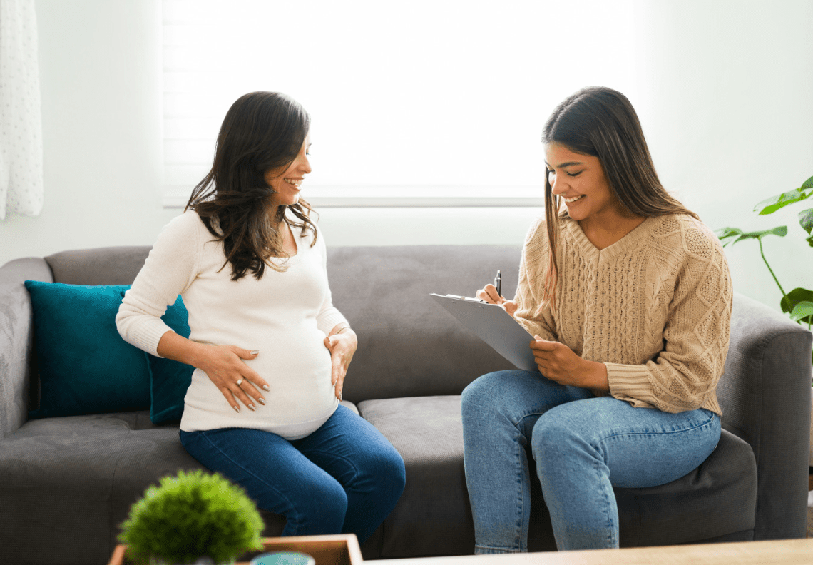 a pregnant woman meeting with a professional