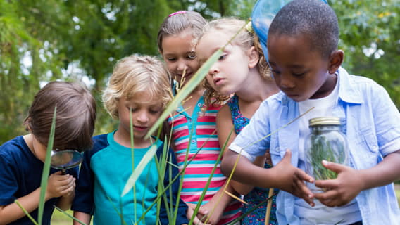 Five preschool children outdoors exploring plants with one holding a mason jar with a plant