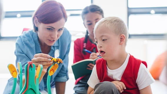 provider playing with flower and bee toy with child