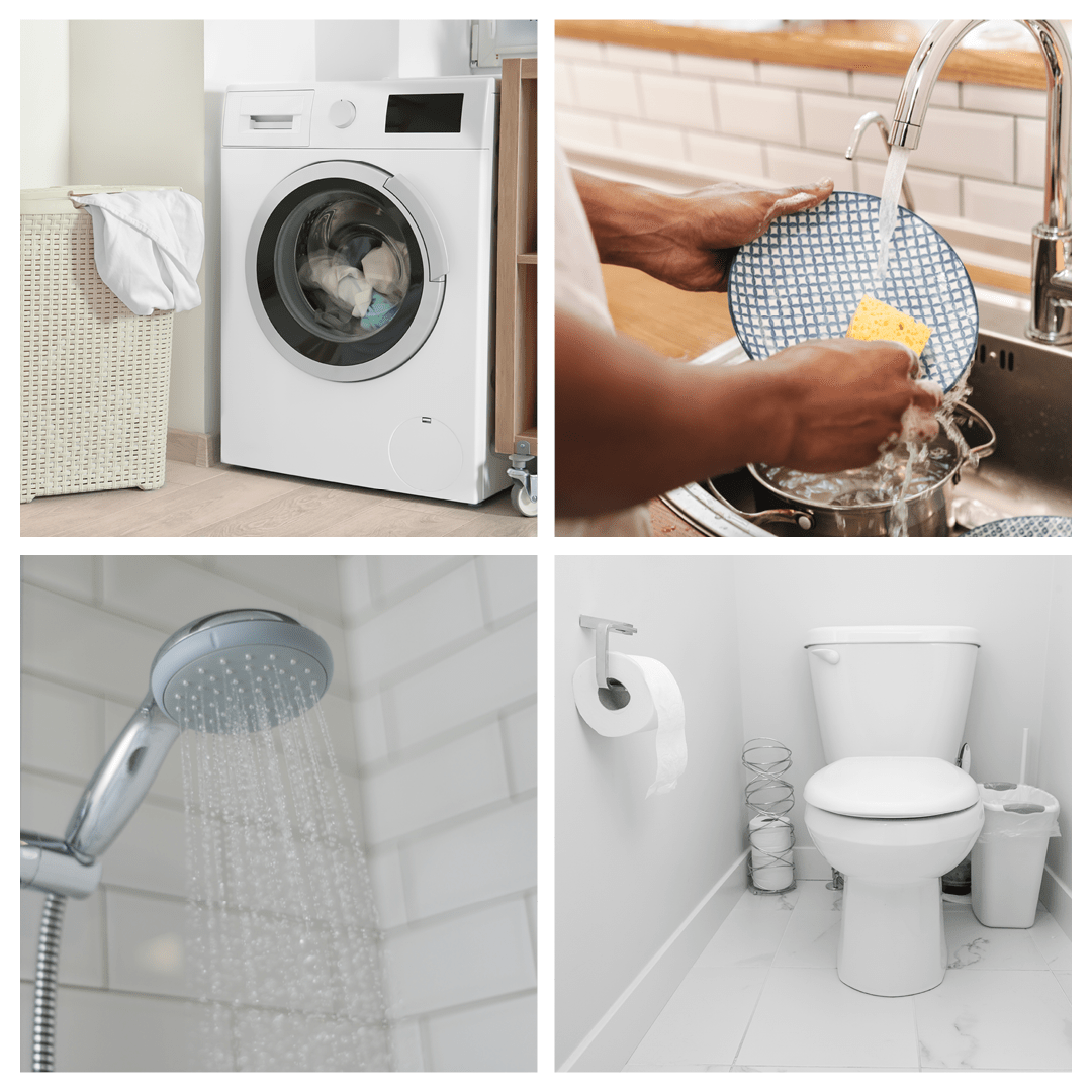 Four images of ways to keep water moving, including a washing machine, a person washing dishes, a running shower, and a toilet.