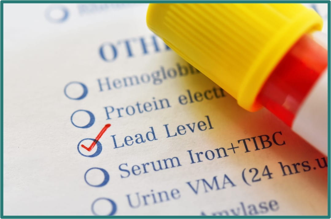 Blood Lead Testing - blood vile with check list with lead level checked