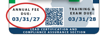 Lead professional certification card with circle around text reading "Annual fee due 3/31/27"