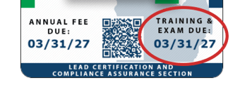 Lead professional card with circle around text reading "Training & exam due 3/31/27"