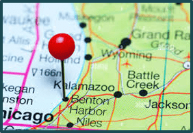 Map of southwest Michigan with a pin in Benton Harbor