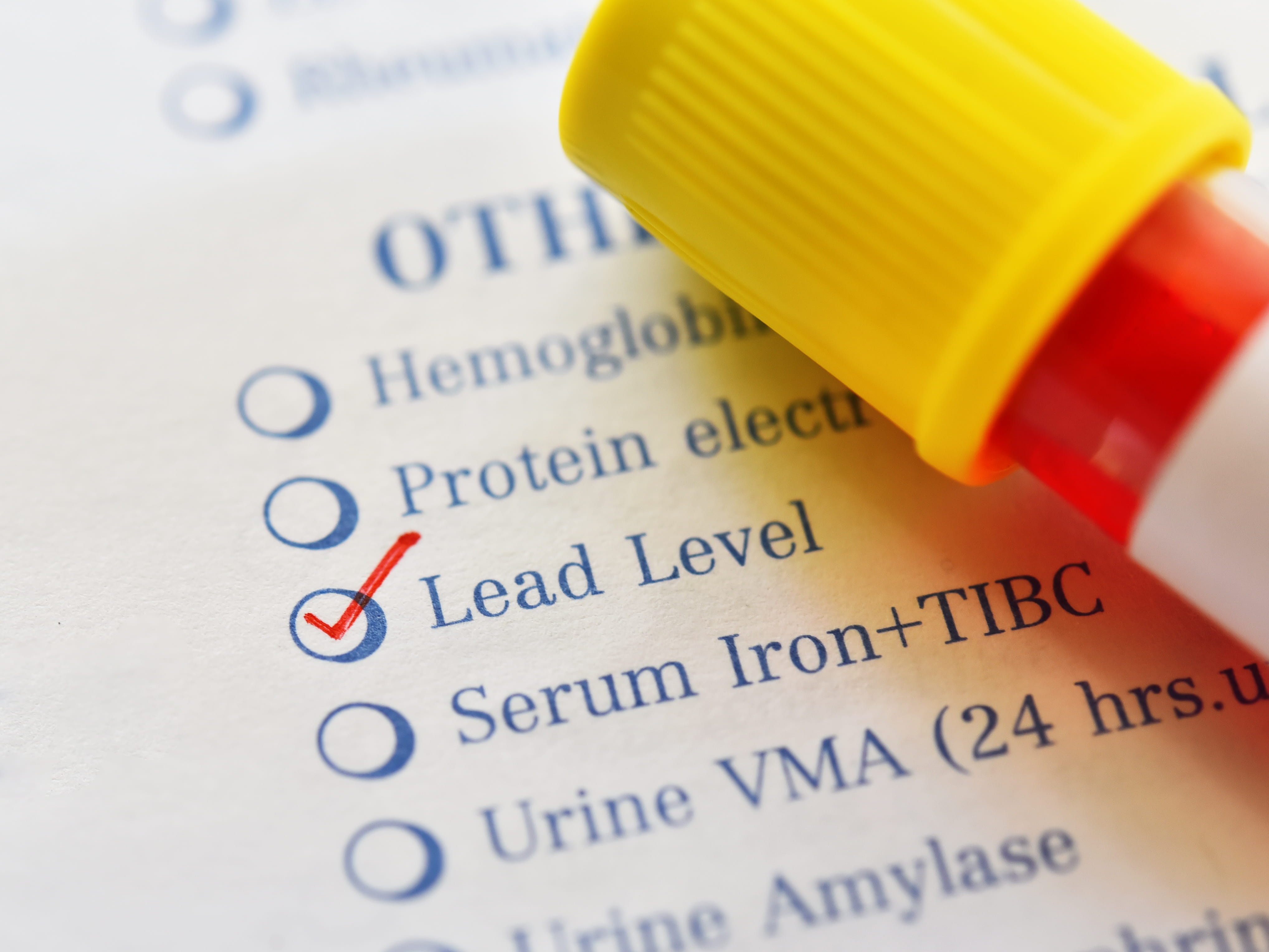 Blood lead test tube laying on paperwork indicating lead present 