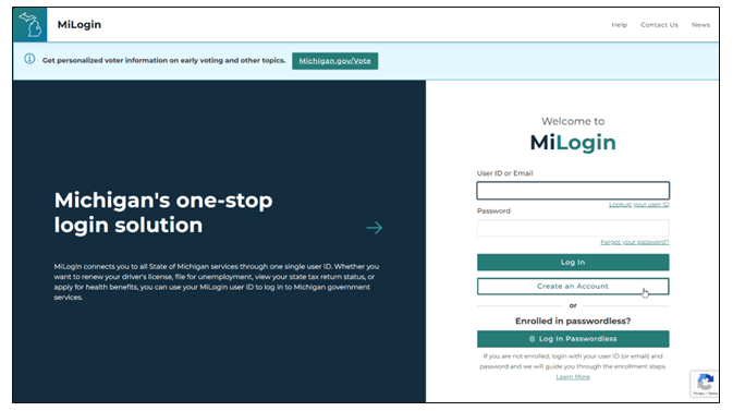 Image of MiLogin login and Create an Account page