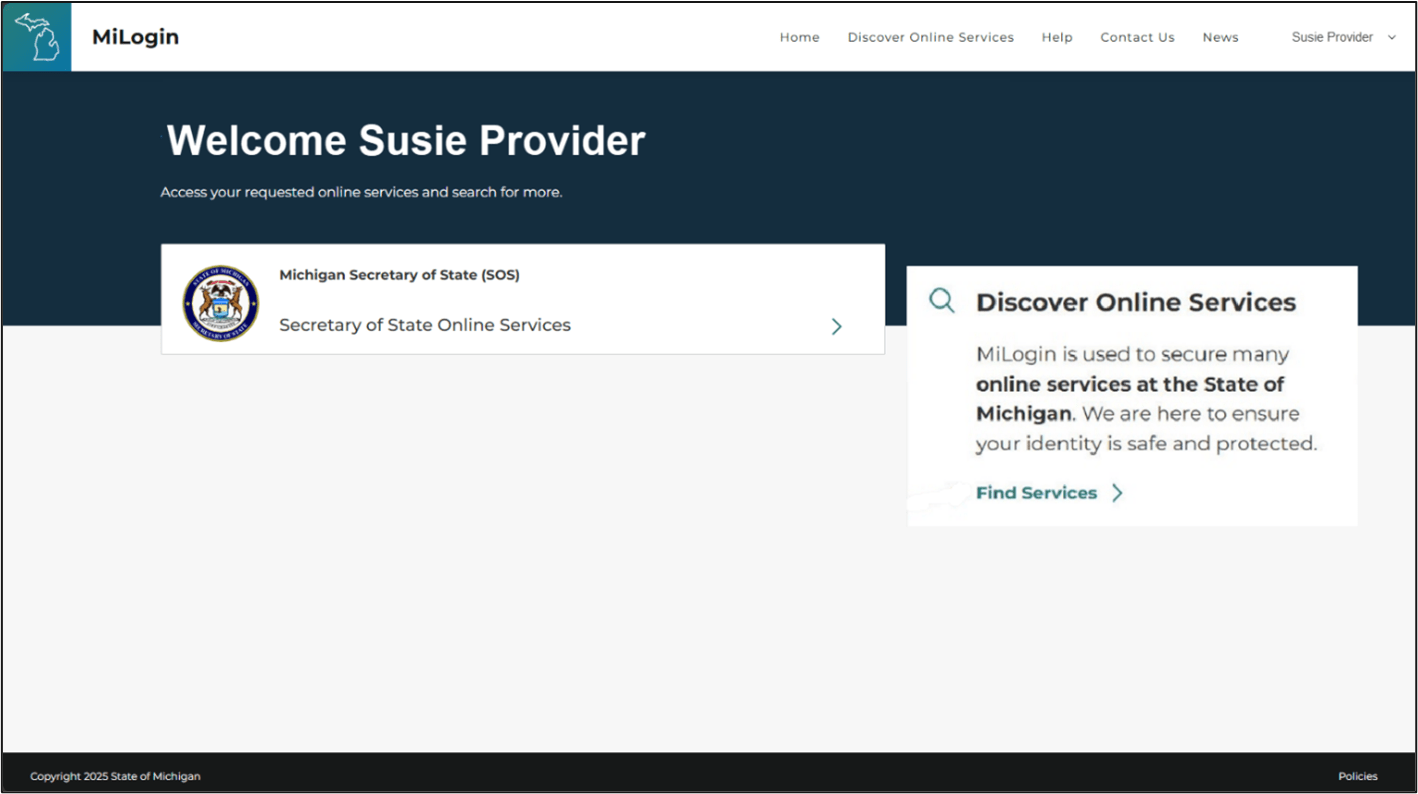 Image of MiLogin welcome homepage after logging in