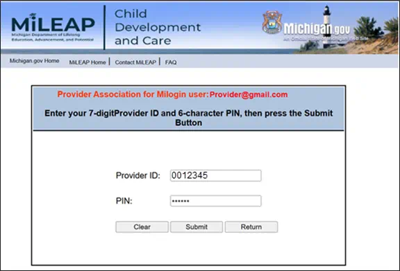Figure 10. Image of I-Billing Association for MiLogin with Provider ID and PIN entered