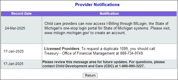 Figure 11. Image of I-Billing Provider Notifications through MiLogin