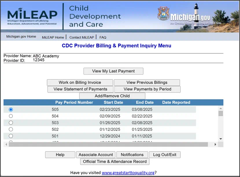 Figure 12. Image of CDC Provider Billing & Payment Inquiry Menu (Main Menu)