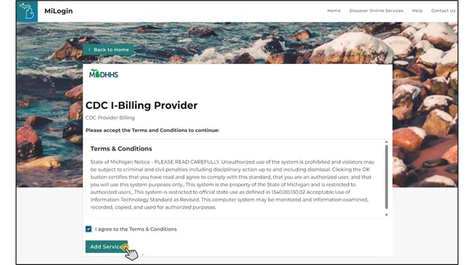 Figure 5. Image of the CDC I-Billing Provider Terms & Conditions and Add Service button