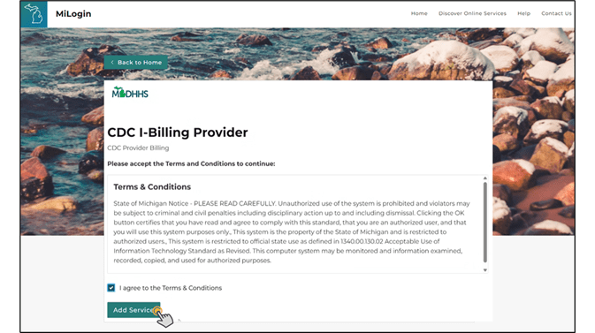 Figure 5. Image of the CDC I-Billing Provider Terms & Conditions and Add Service button