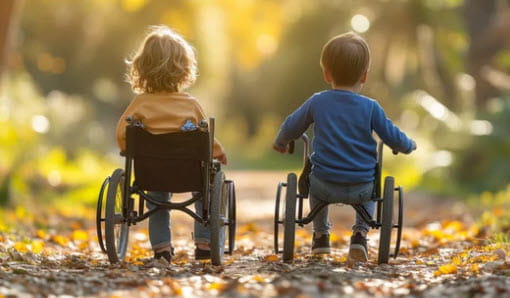 2 special needs kids strolling in the leaves