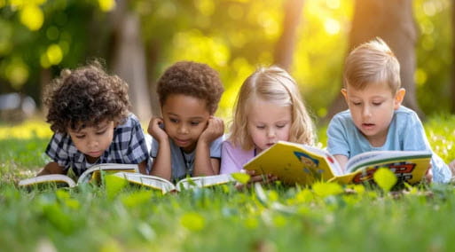 four kids lying on the ground reading