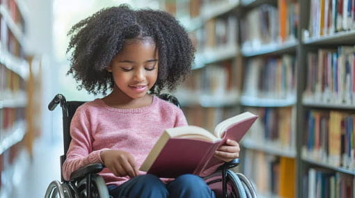 girl in wheelchair reading book