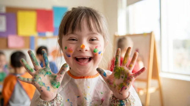 happy girl with paing on her hands and face