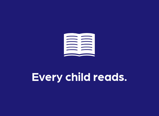 A dark blue background with a white book icon and text that says, "Every Child Reads".