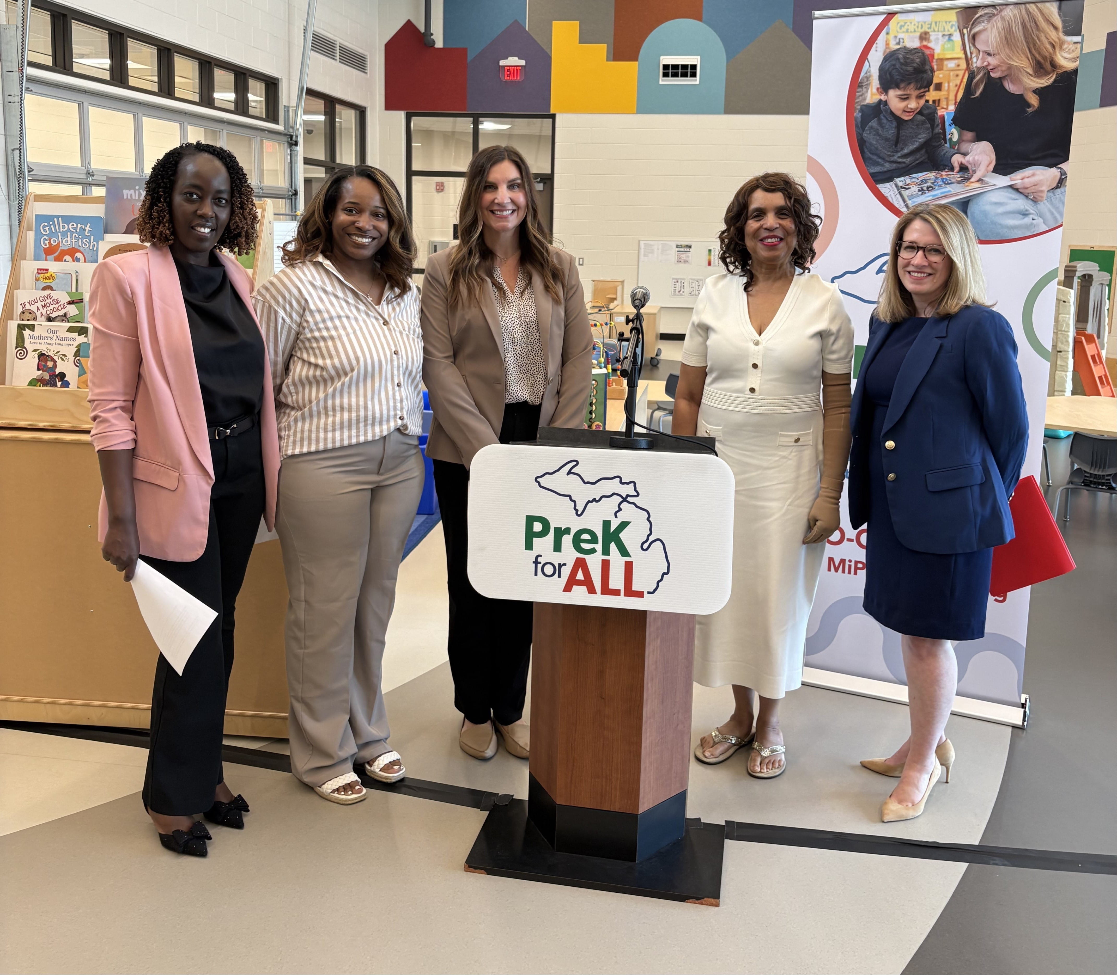 A group photo of Christie Cobbson, Alanna LaMay, Teressa Gatza, Dr. Beverly Walker-Griffea and Emily Laidlaw (L to R) at a PreK for All press event