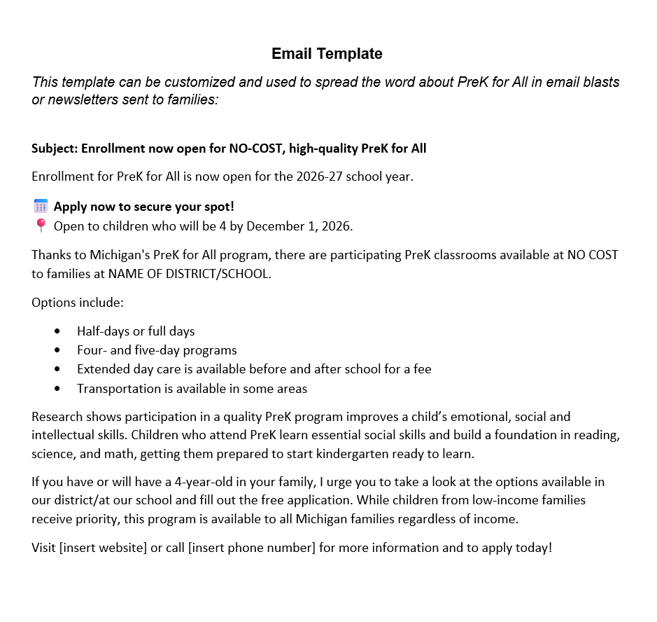 PreK for All Email Blast Template photo