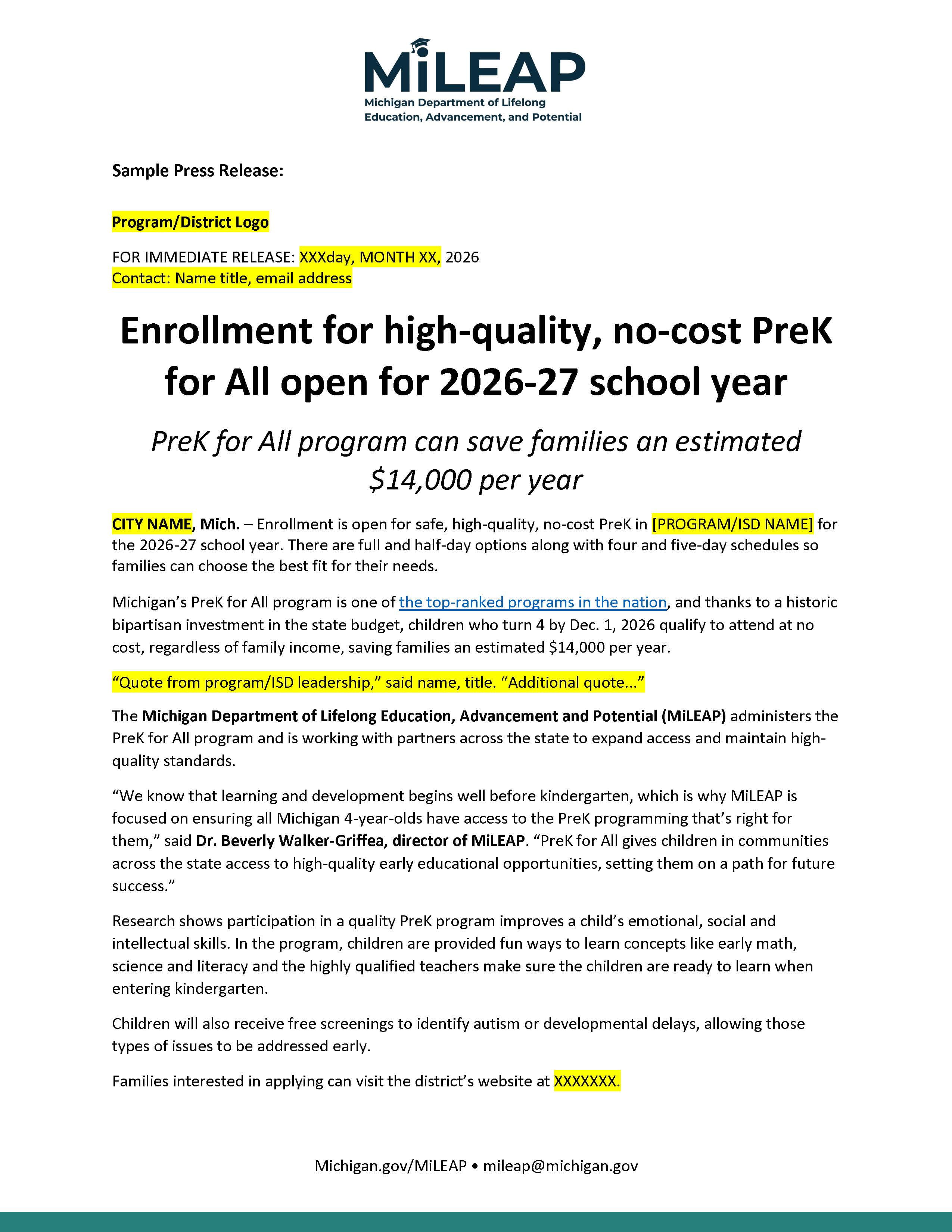 Sample PreK Enrollment Press Release image