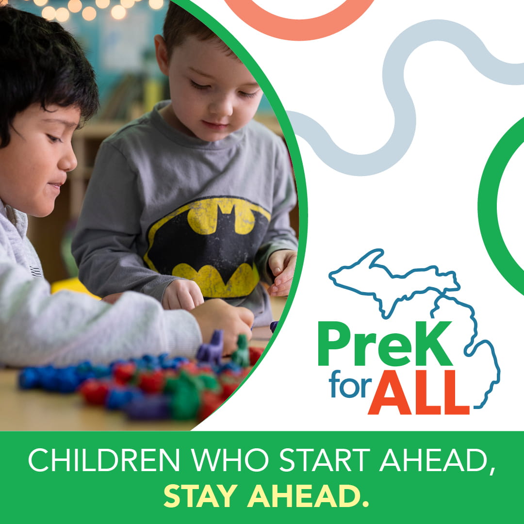 An up-close photo of two preschooler students with text that reads "Enrollment now open for 2025-2026 school year". The PreK for All logo is in the lower right corner.