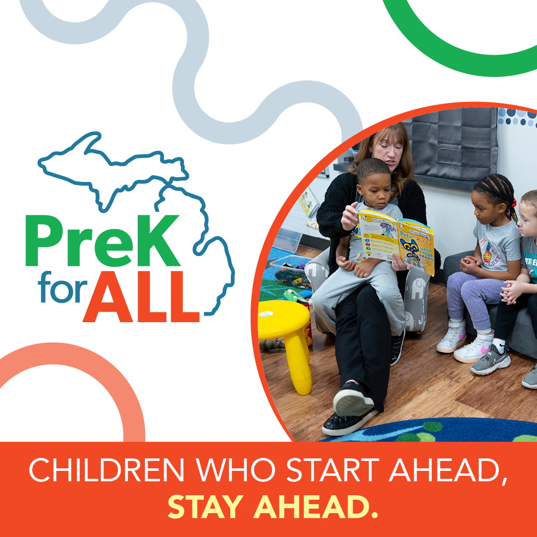 An up-close photo of a teacher with two students sitting on the classroom floor reading a book with text that reads "Children who start ahead stay ahead". The PreK for All logo is to the left of the photo.