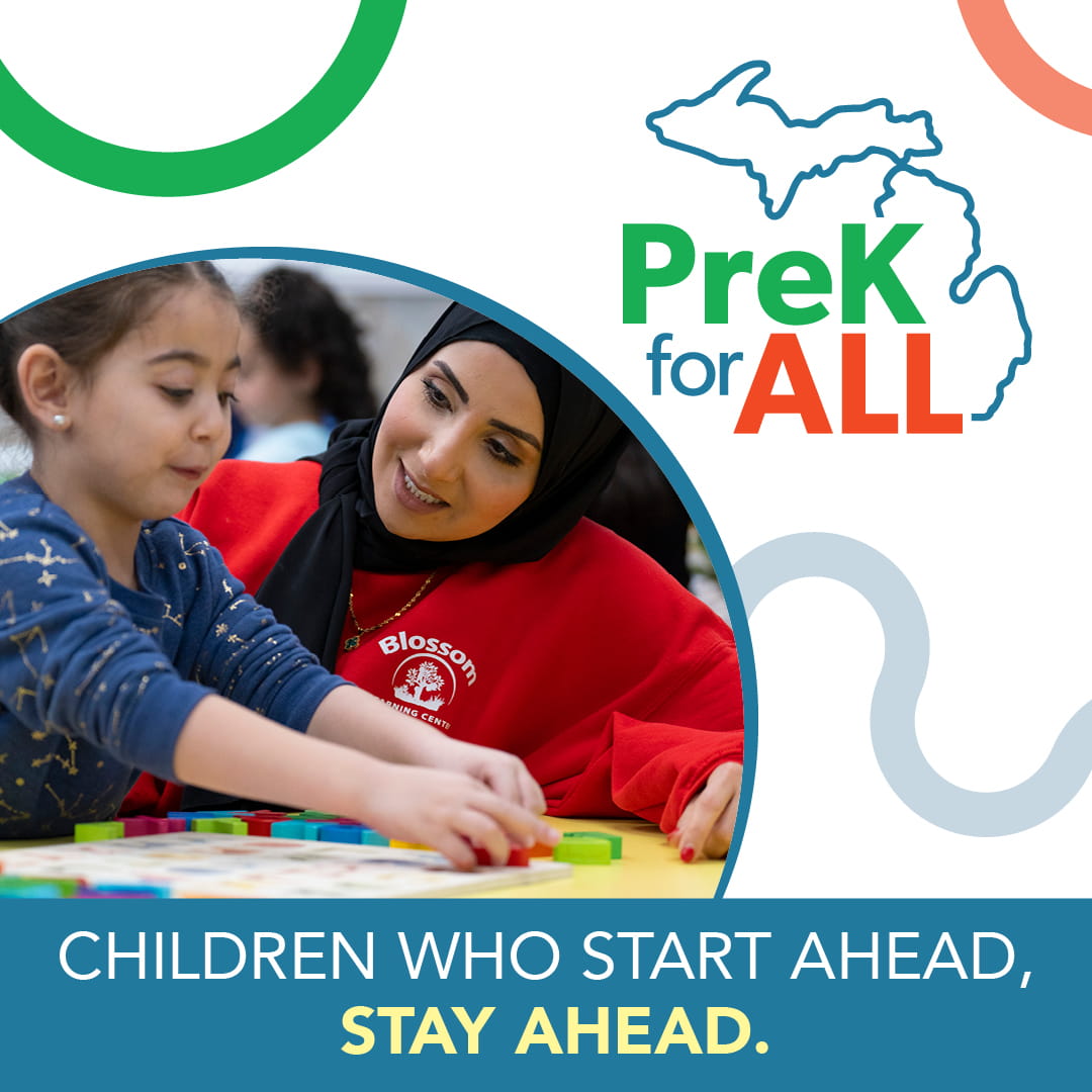 An up-close photo of a teacher with a student with text that reads "Children who start ahead stay ahead". The PreK for All logo is in the upper right corner.