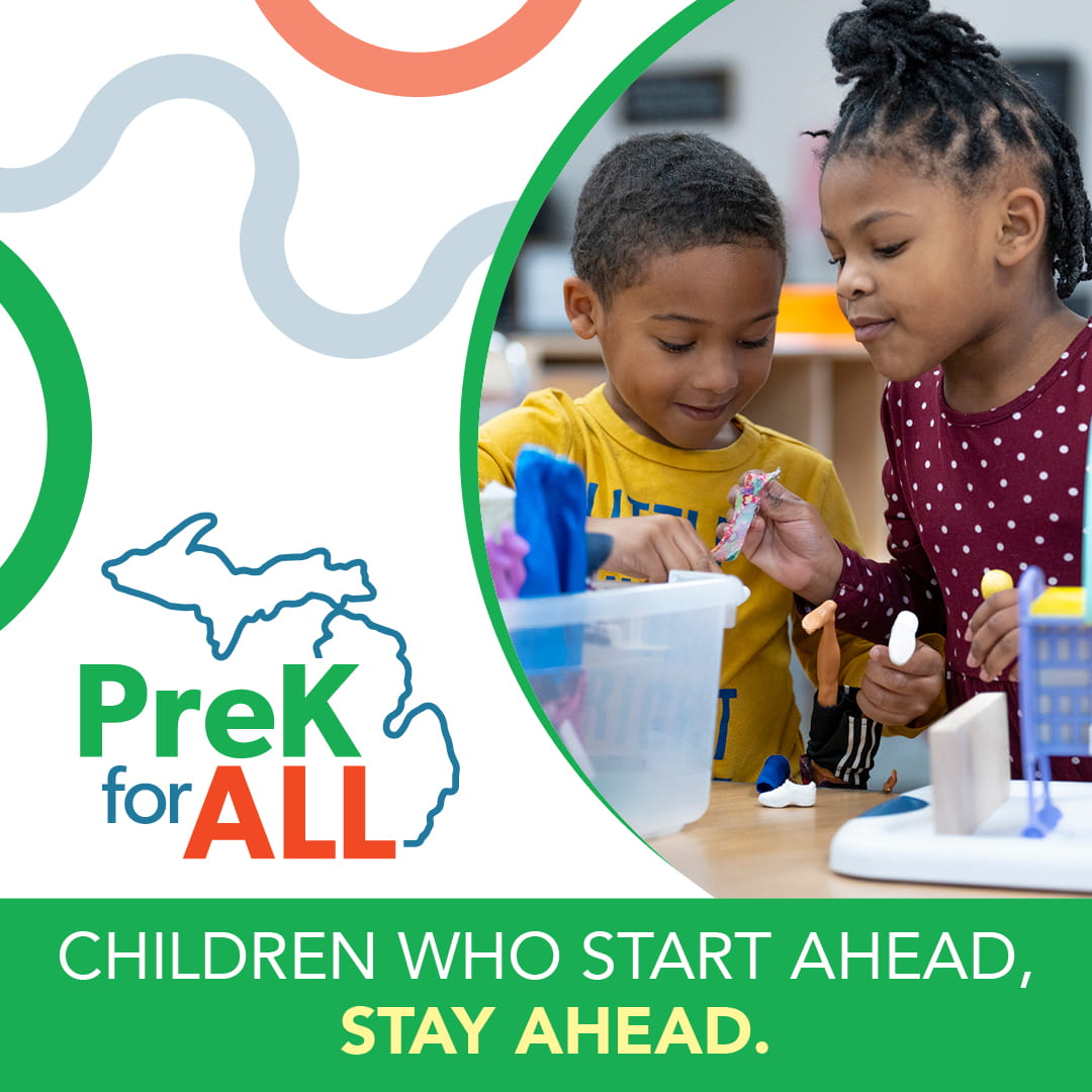 An up-close photo of two preschool children with text that reads "Children who start ahead stay ahead". The PreK for All logo is to the left of the photo.