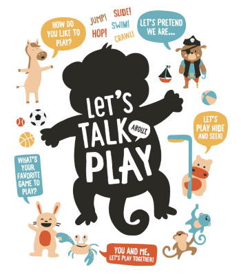 Graphics of animals, sports, and words promoting Let's Talk About Play